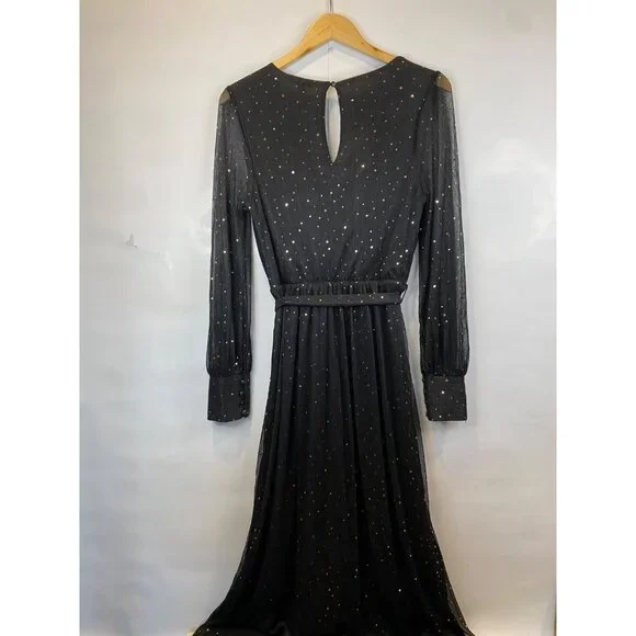 Baltic Born Abigail Sparkle Gown Black Gold Sequins Semi Sheer V Neck Medium New - Picture 6 of 14